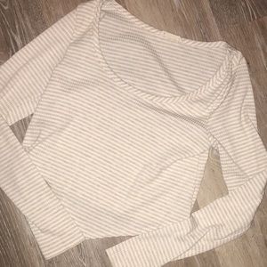 Tan and white striped cropped long sleeve shirt